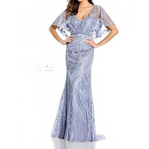 NEW MON CHERI sheath ribbon lace gown in wedgewood